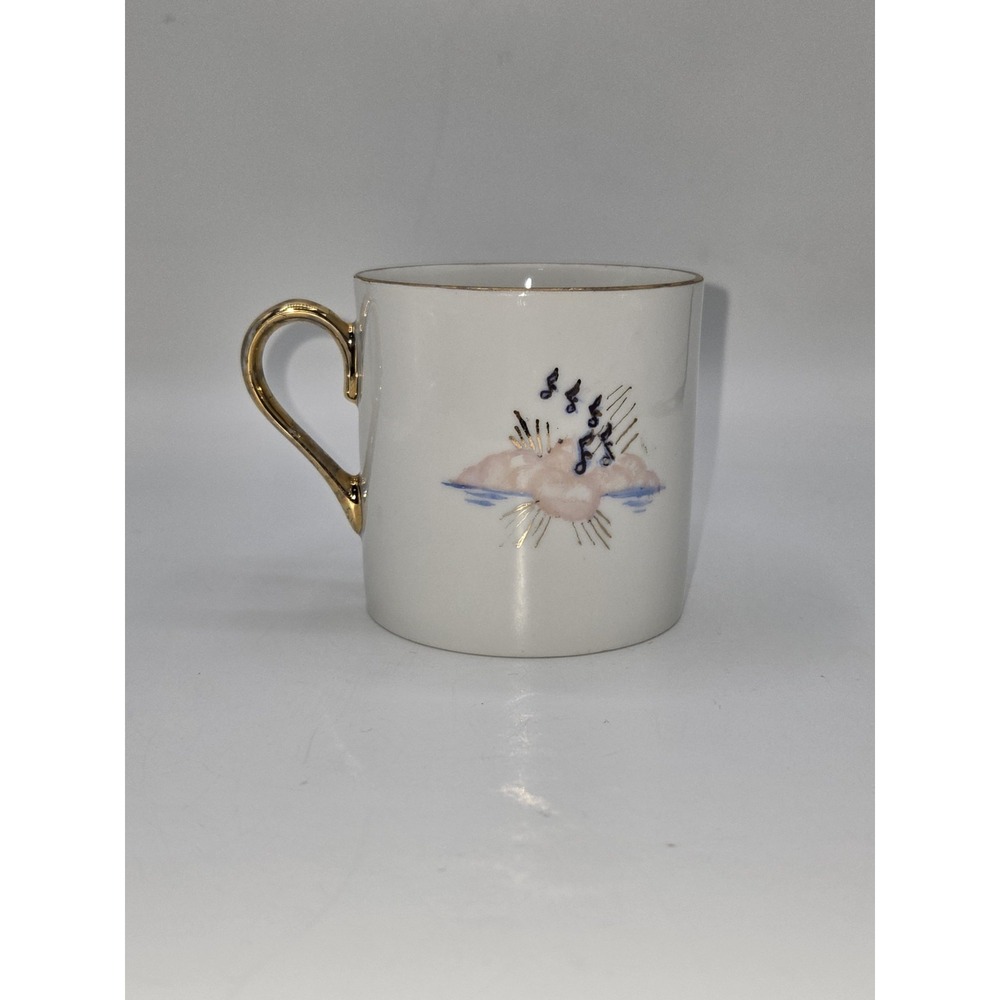 Vintage White Porcelain Mug with Gold Handle 1967 Music Notes‎ & Arrow